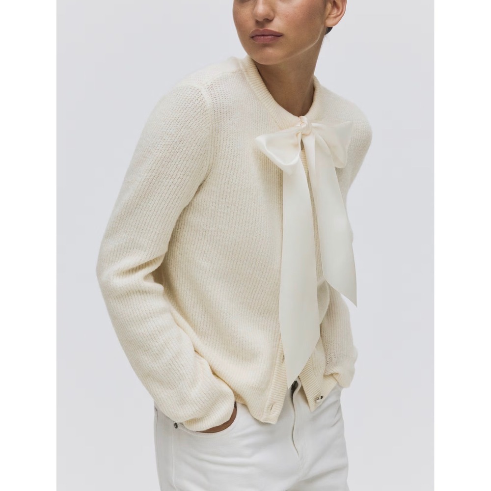 H&M Cream Rib-Knit Cardigan Satin Bow Accent Silver Buttons Wool Blend White M